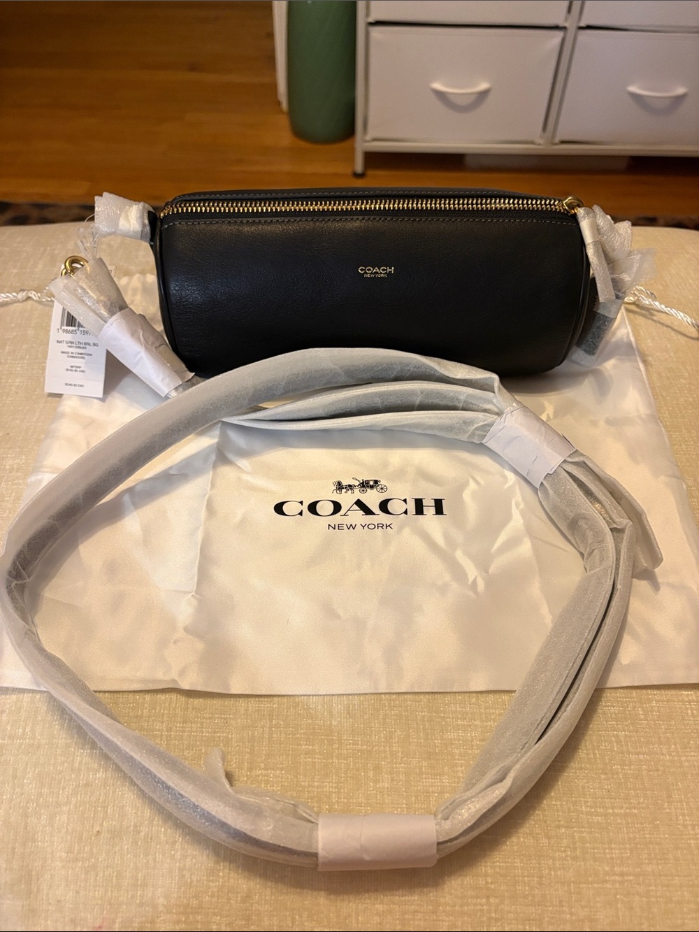 Coach Black Leather Barrel Crossbody with Gold Hardware